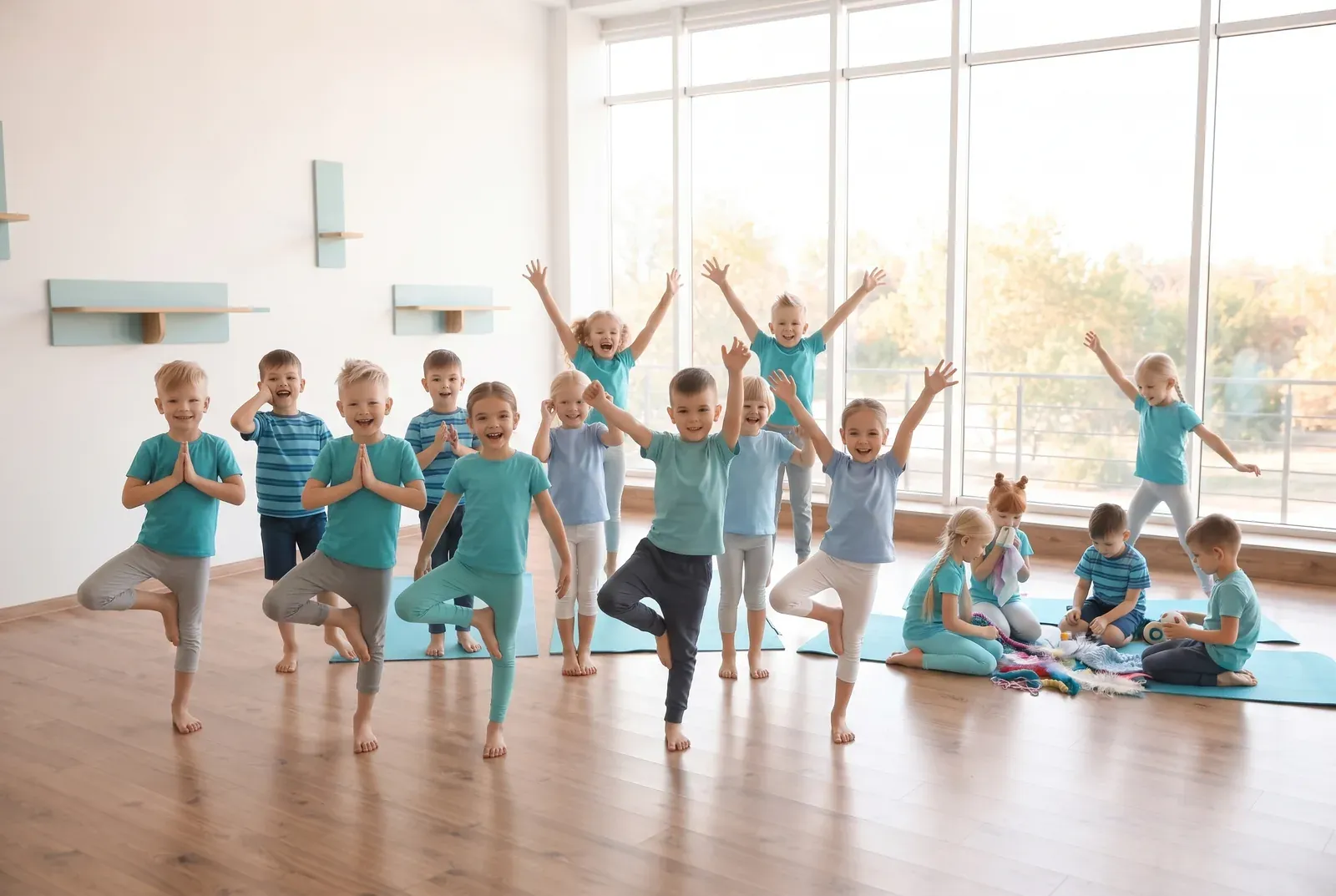 Fröhliche Kindergruppe im Kinderyoga-Ferienkurs