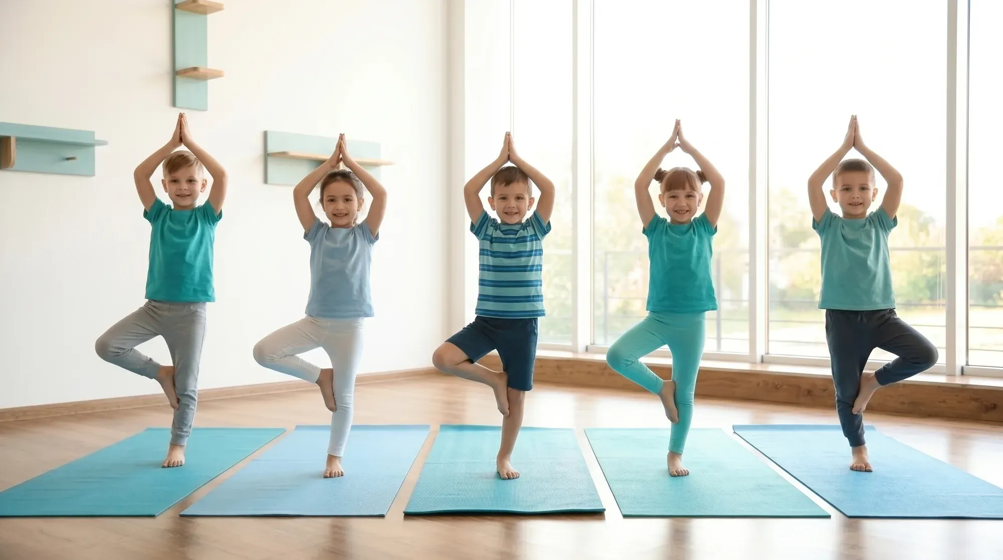 Kinder in der Baumhaltung beim Kinderyoga